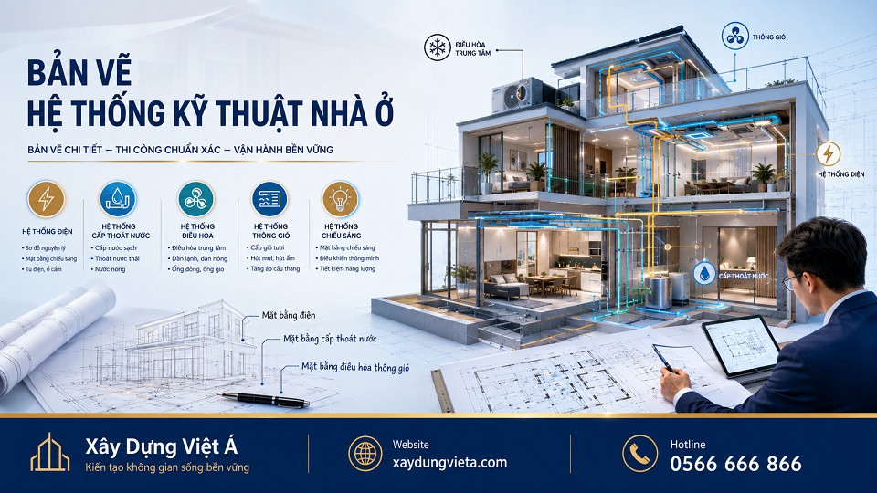 Bản vẽ bố trí điện nước điều hòa và thông gió trong nhà ở