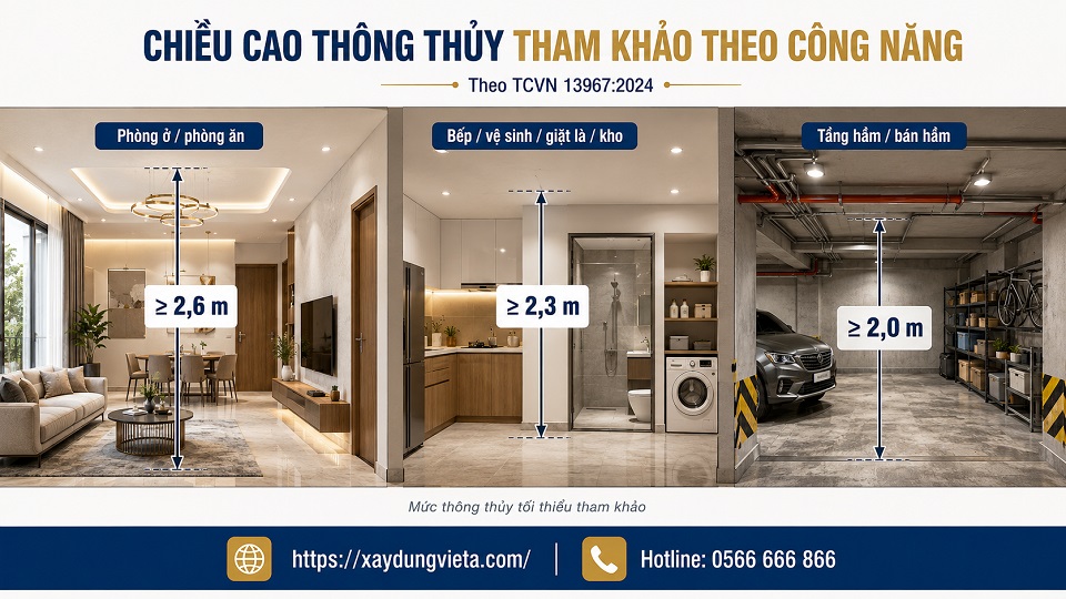 Bố trí chiều cao trần cho phòng khách, phòng ngủ và khu vực phụ